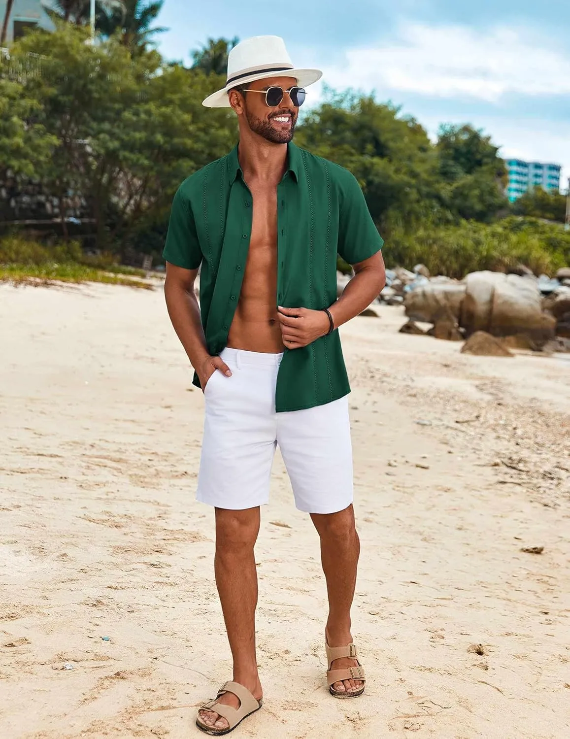 COOFANDY Mens Cuban Guayabera Shirt Short Sleeve Button Down Shirts Summer Beach Vacation Shirts