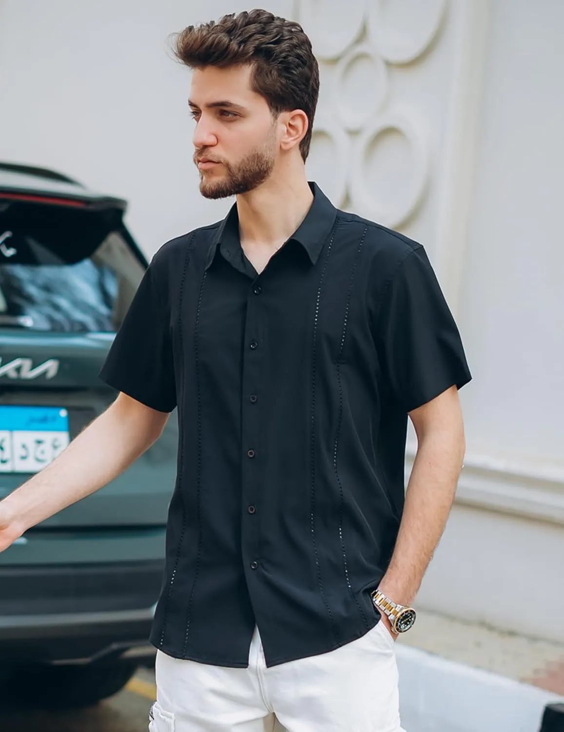 COOFANDY Mens Cuban Guayabera Shirt Short Sleeve Button Down Shirts Summer Beach Vacation Shirts