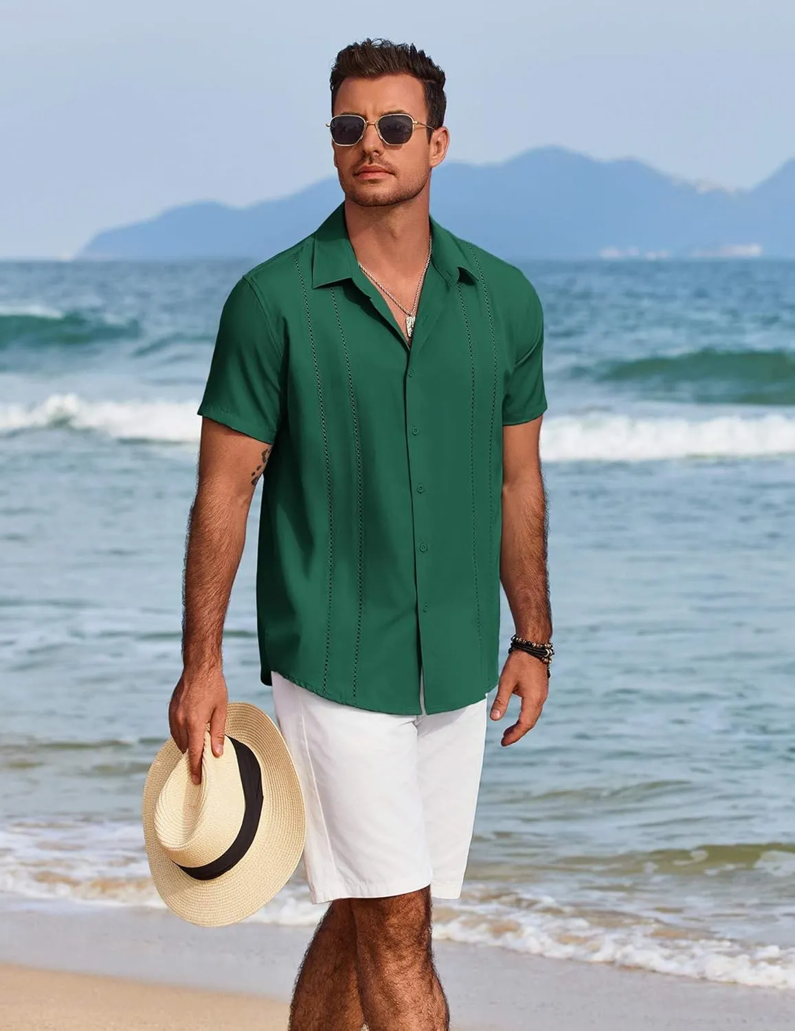 COOFANDY Mens Cuban Guayabera Shirt Short Sleeve Button Down Shirts Summer Beach Vacation Shirts