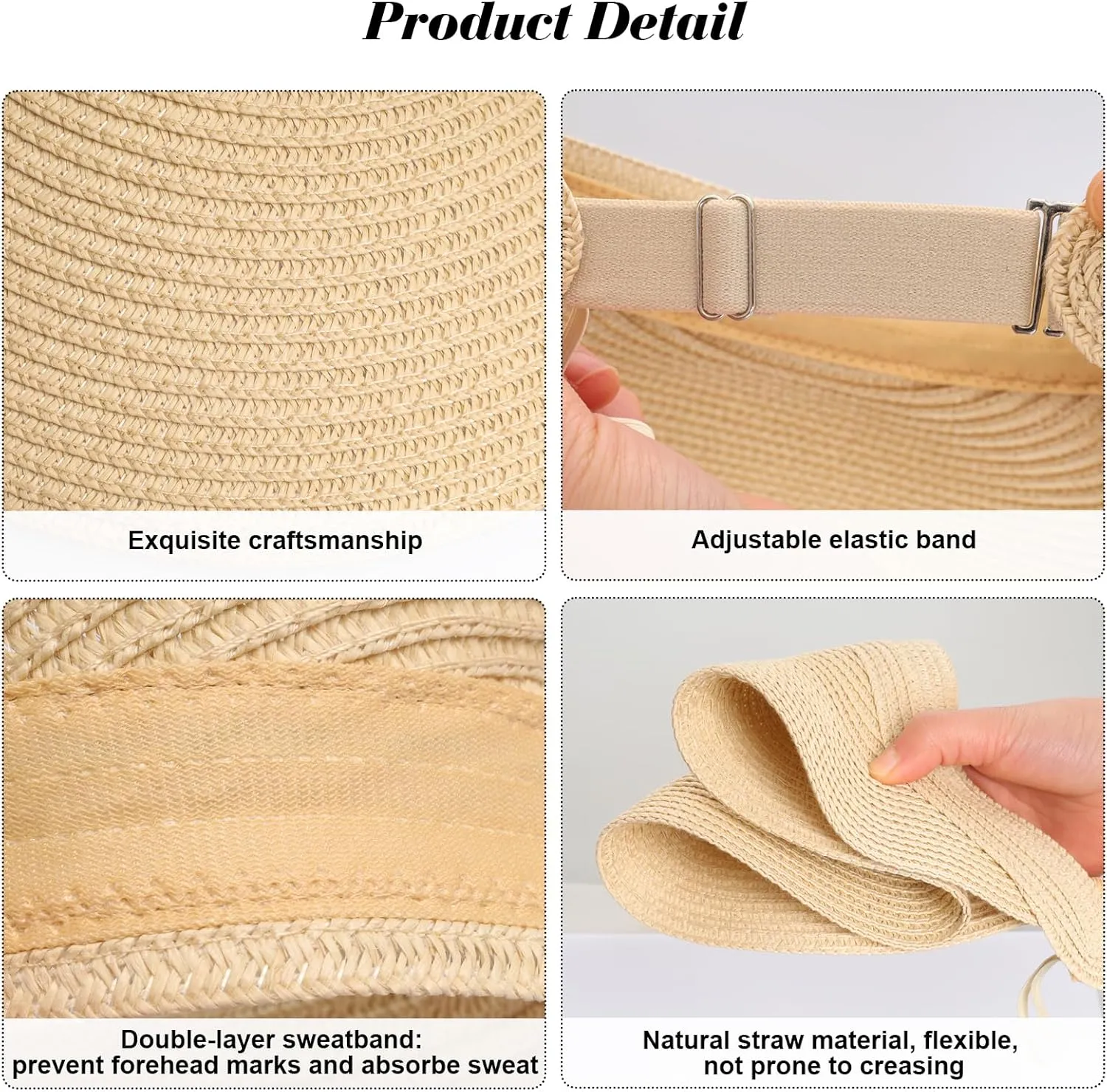 Fumwase Sun Visors for Women Foldable Straw Visor Beach Hat Uv Protection Wide Brim Adjustable Cooling Summer Cap for Travel