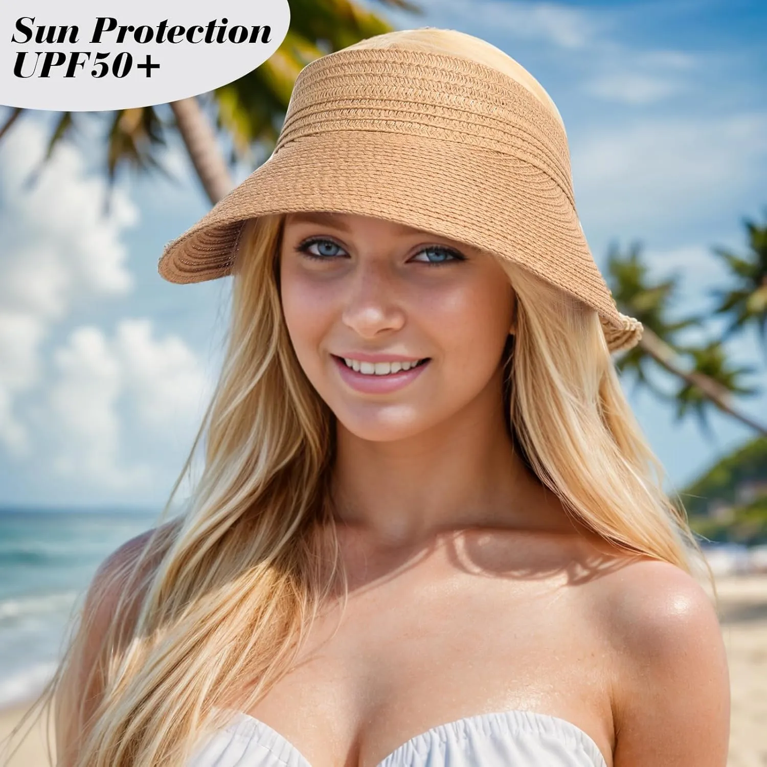 Fumwase Sun Visors for Women Foldable Straw Visor Beach Hat Uv Protection Wide Brim Adjustable Cooling Summer Cap for Travel