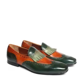 Green-Tan Dual Shade Leather Wingtip Brogue Fringes Slip On By Brune & Bareskin