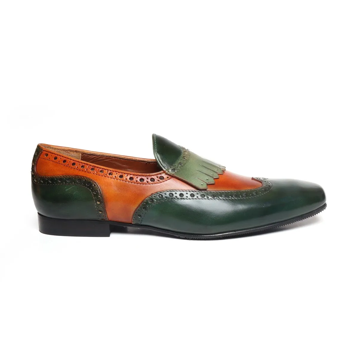 Green-Tan Dual Shade Leather Wingtip Brogue Fringes Slip On By Brune & Bareskin