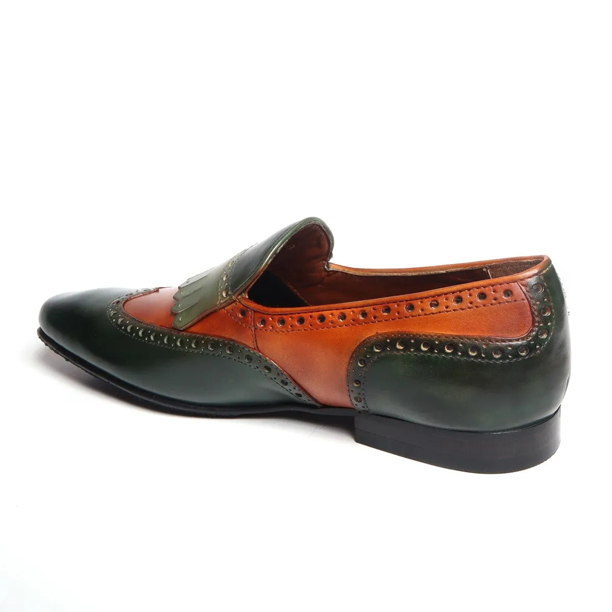 Green-Tan Dual Shade Leather Wingtip Brogue Fringes Slip On By Brune & Bareskin