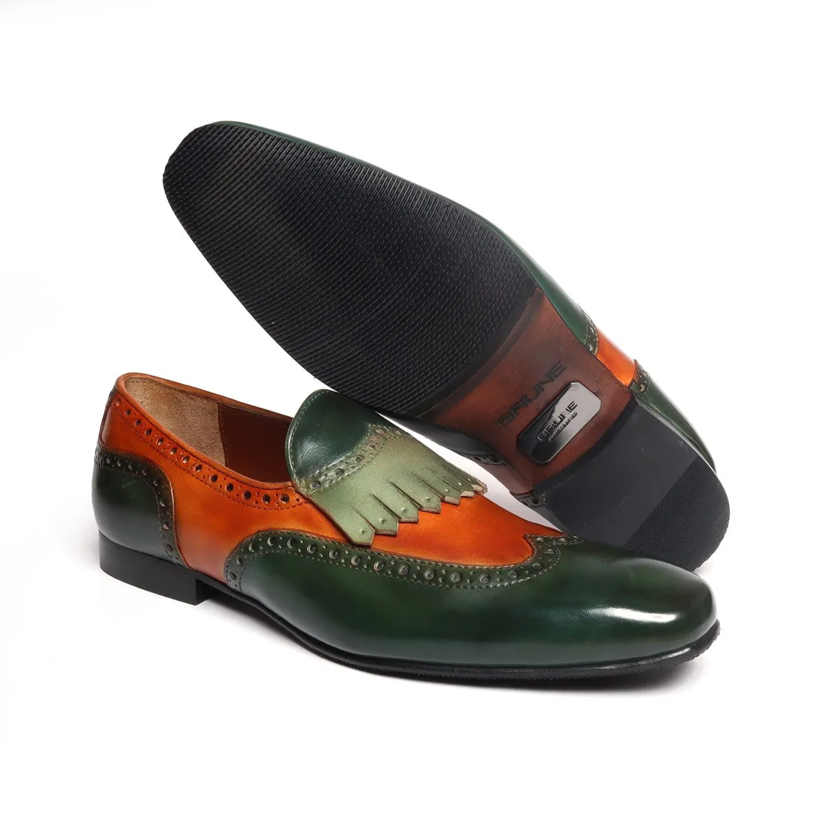 Green-Tan Dual Shade Leather Wingtip Brogue Fringes Slip On By Brune & Bareskin