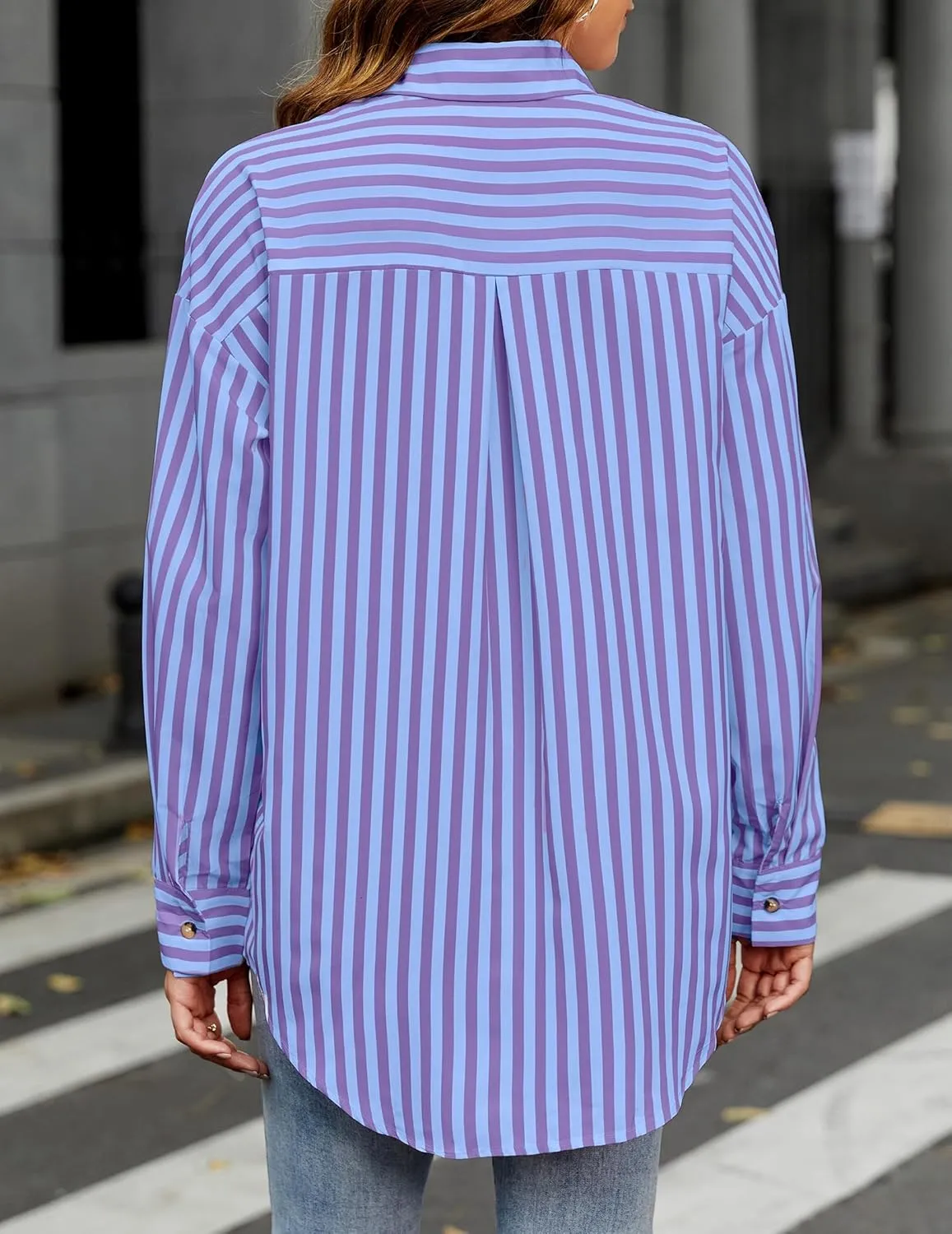 HOTOUCH Women's Striped Button Down Shirts Casual Long Sleeve Boyfriend Loose Collared Blouses Tops