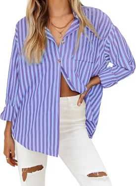 HOTOUCH Women's Striped Button Down Shirts Casual Long Sleeve Boyfriend Loose Collared Blouses Tops