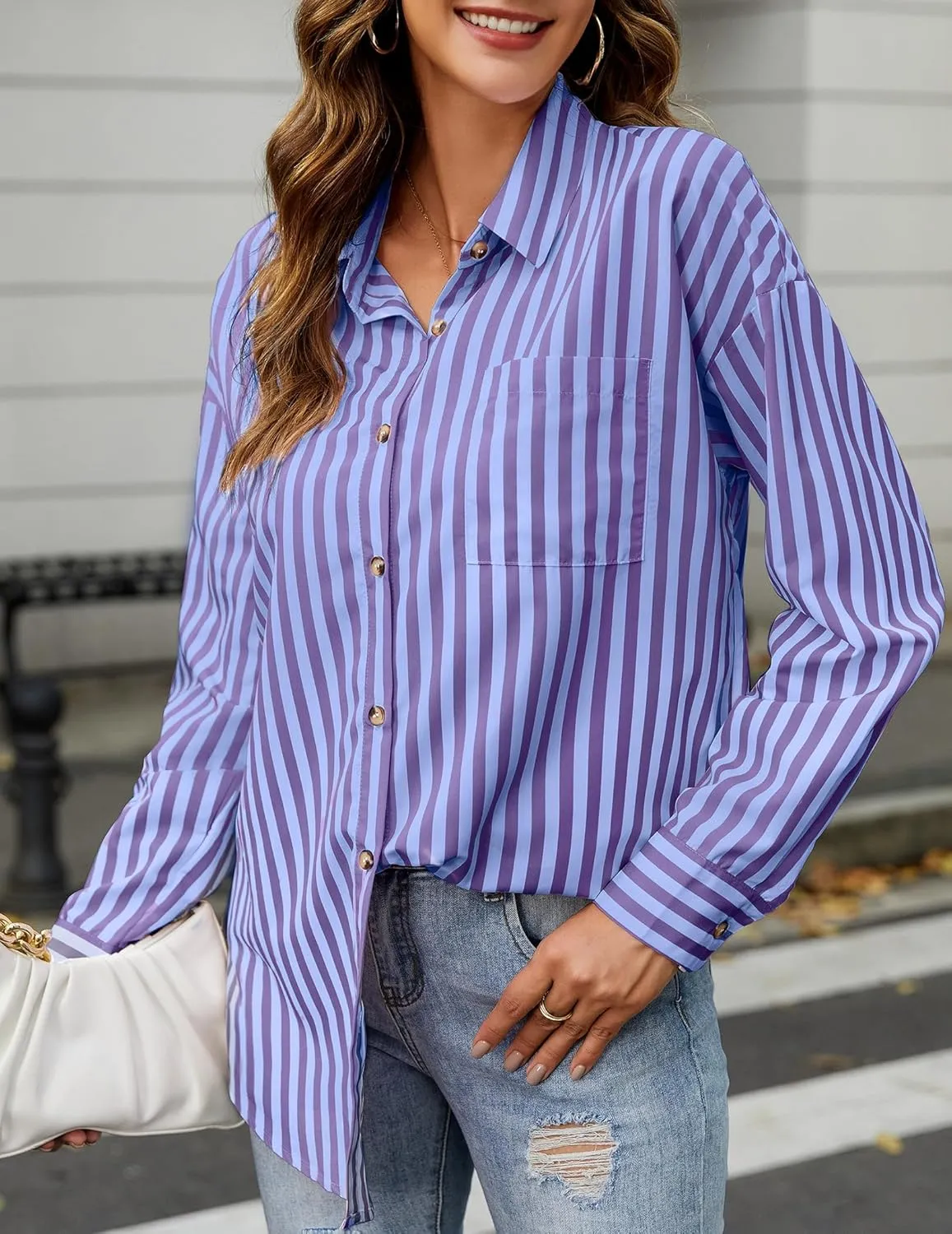 HOTOUCH Women's Striped Button Down Shirts Casual Long Sleeve Boyfriend Loose Collared Blouses Tops