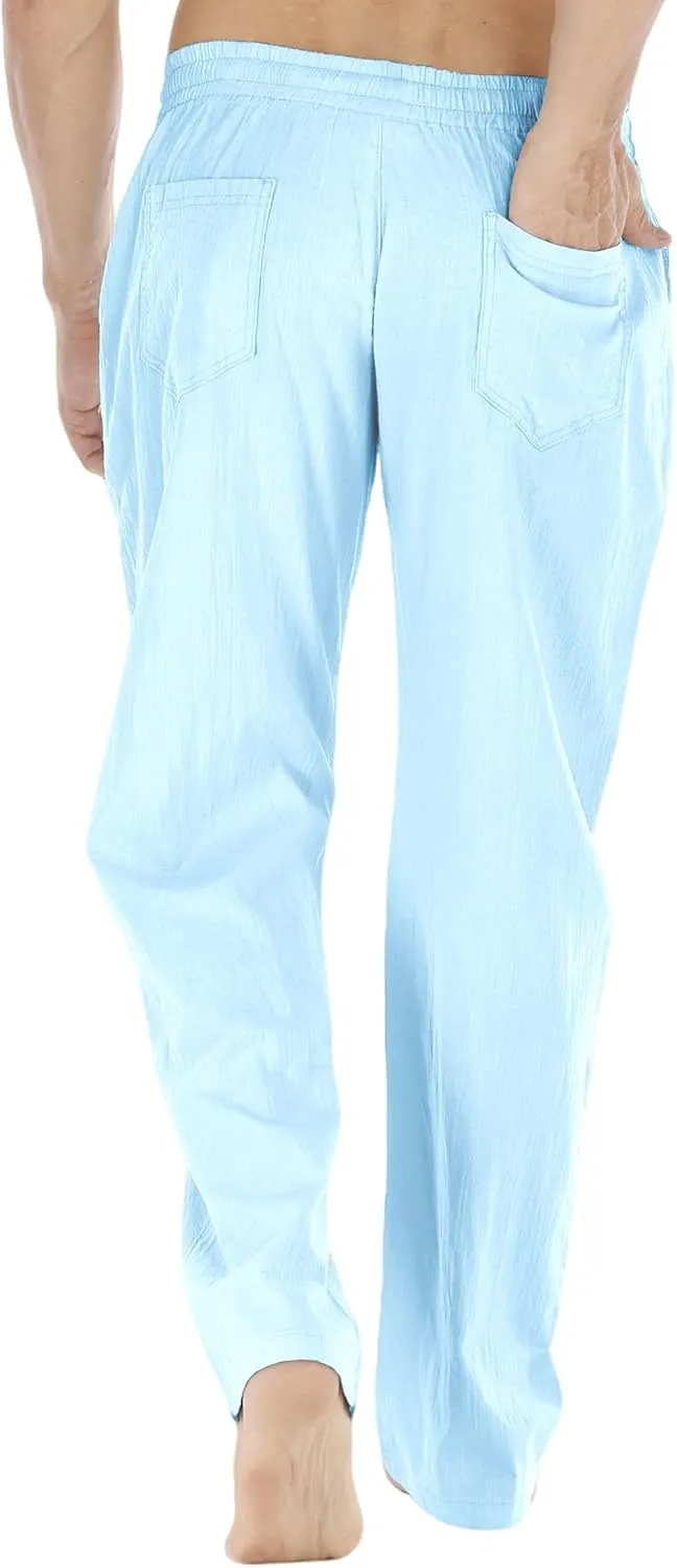 Mens Loose Fit Linen Pants Casual Lightweight Drawstring Stretch Cotton Linen Pants for Men Summer Beach