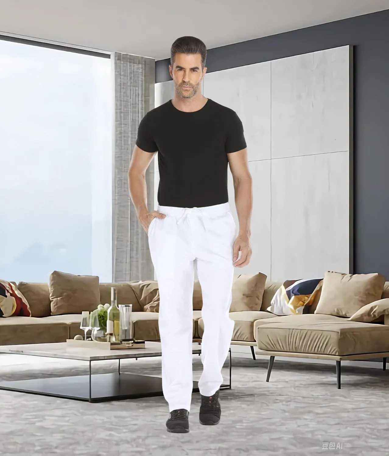Mens Loose Fit Linen Pants Casual Lightweight Drawstring Stretch Cotton Linen Pants for Men Summer Beach