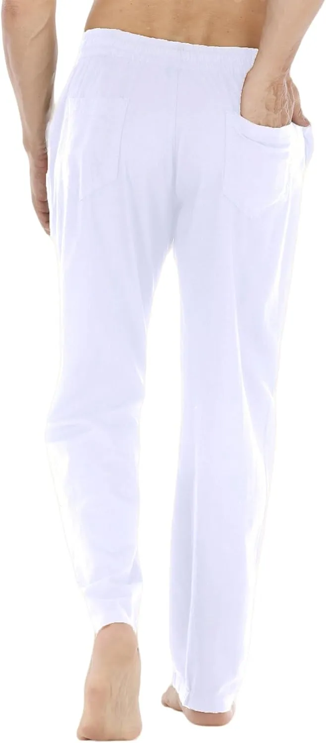 Mens Loose Fit Linen Pants Casual Lightweight Drawstring Stretch Cotton Linen Pants for Men Summer Beach