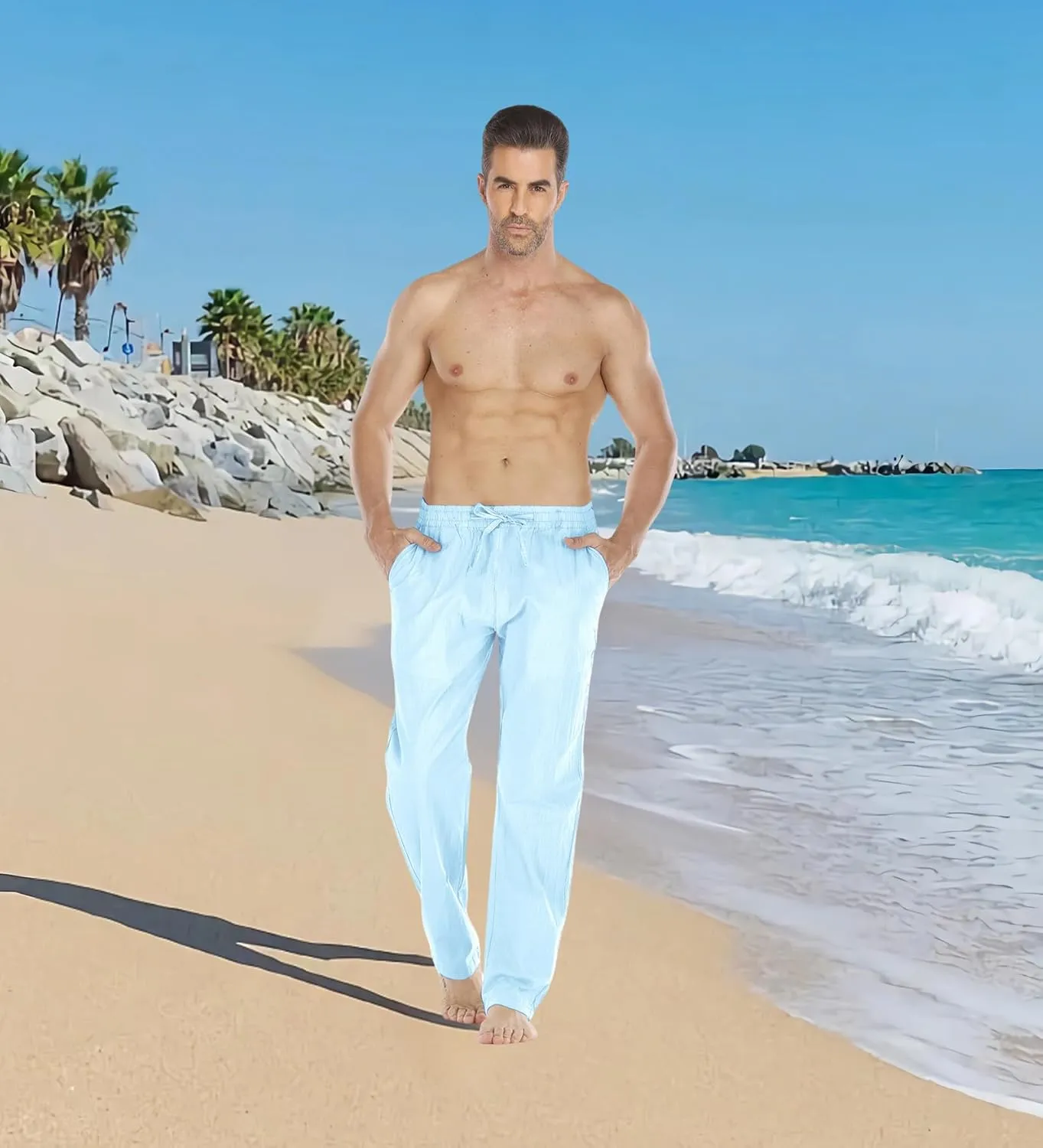 Mens Loose Fit Linen Pants Casual Lightweight Drawstring Stretch Cotton Linen Pants for Men Summer Beach
