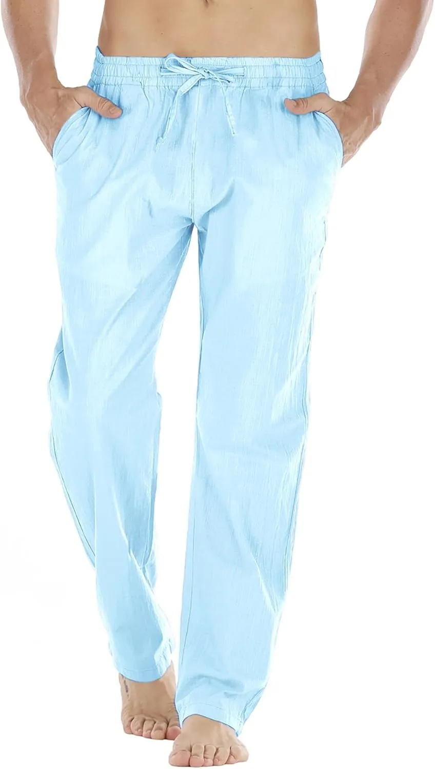 Mens Loose Fit Linen Pants Casual Lightweight Drawstring Stretch Cotton Linen Pants for Men Summer Beach
