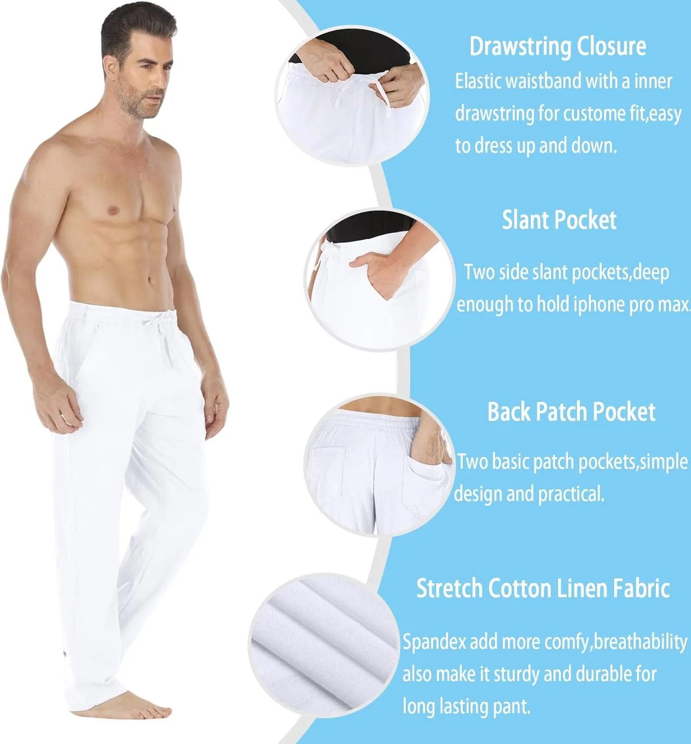 Mens Loose Fit Linen Pants Casual Lightweight Drawstring Stretch Cotton Linen Pants for Men Summer Beach