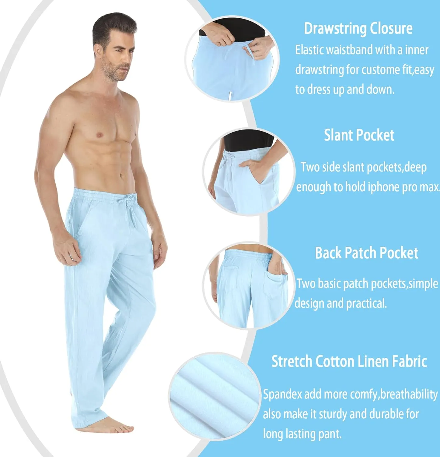 Mens Loose Fit Linen Pants Casual Lightweight Drawstring Stretch Cotton Linen Pants for Men Summer Beach