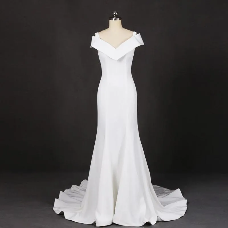 Mermaid V Neck Off White Simple Wedding Dress, Unique Long Bridal Dresses UQ2305
