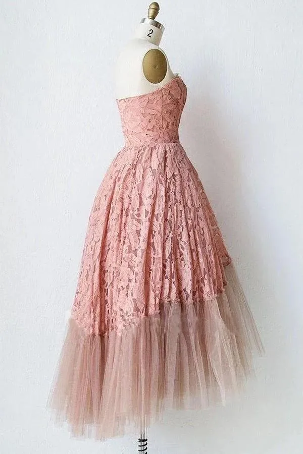 Pink Lace Strapless Tulle Short Prom Dresses, Unique Tulle Homecoming Dresses UQ1991