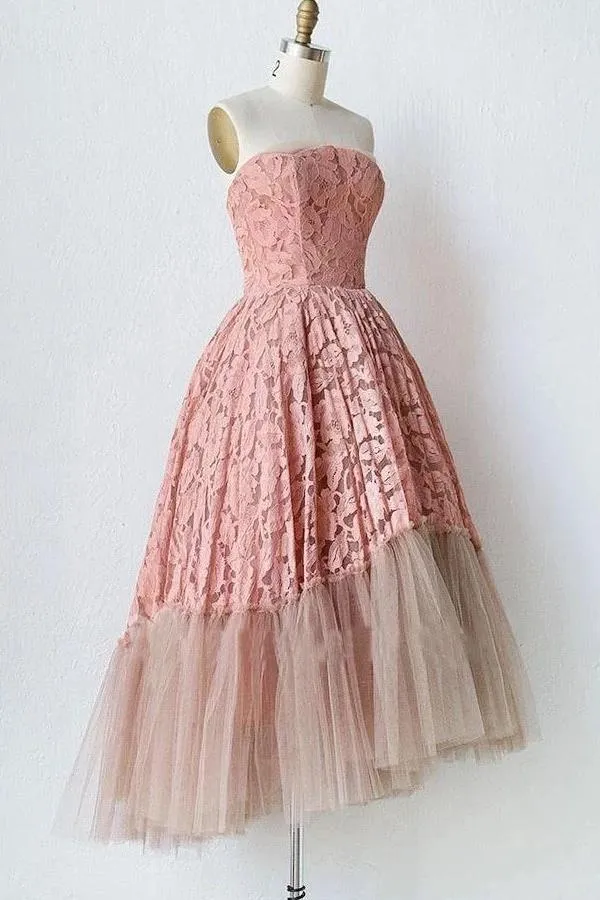 Pink Lace Strapless Tulle Short Prom Dresses, Unique Tulle Homecoming Dresses UQ1991
