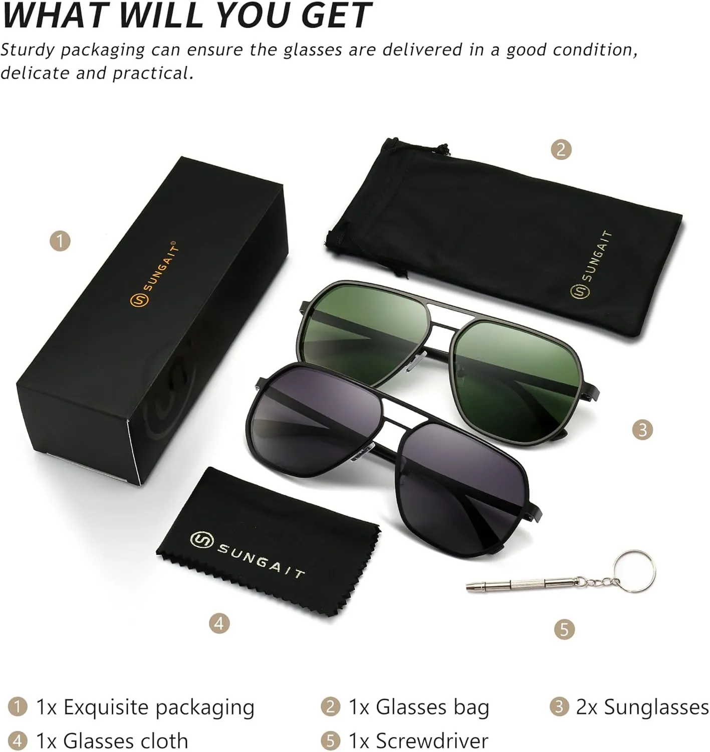 SUNGAIT Polygon Aviator Sunglasses for Men Polarized Trendy Square Sun Glasses Retro Pilot Shades UV Protection