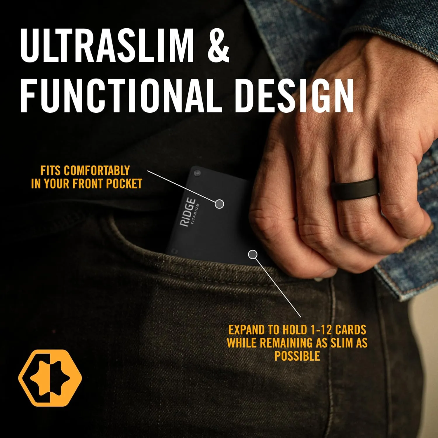 The Ridge Wallet for Men - Slim Minimalist Compact Wallet and Card Holder, RFID Protected Front Pocket Wallets with Integrated Cash Strap (Matte Black Titanium)