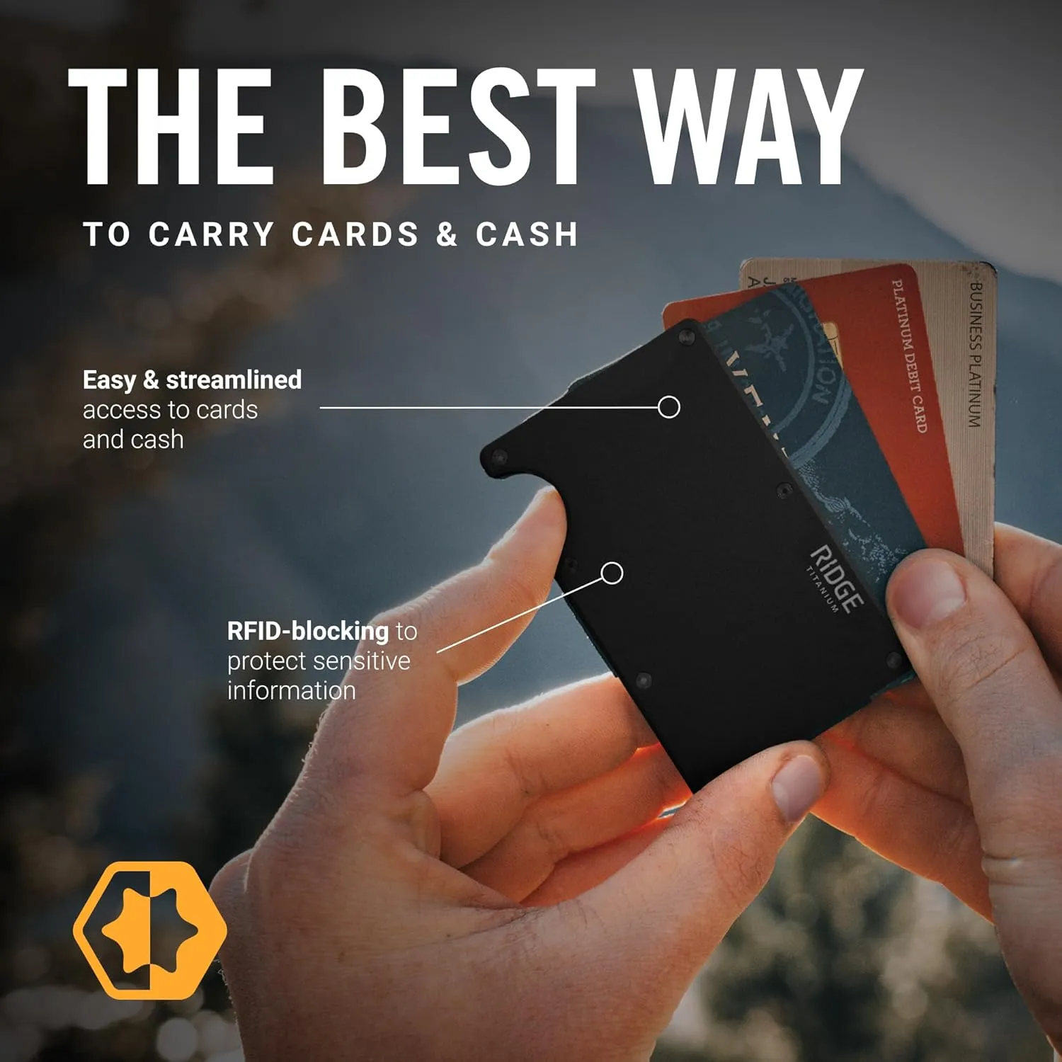 The Ridge Wallet for Men - Slim Minimalist Compact Wallet and Card Holder, RFID Protected Front Pocket Wallets with Integrated Cash Strap (Matte Black Titanium)