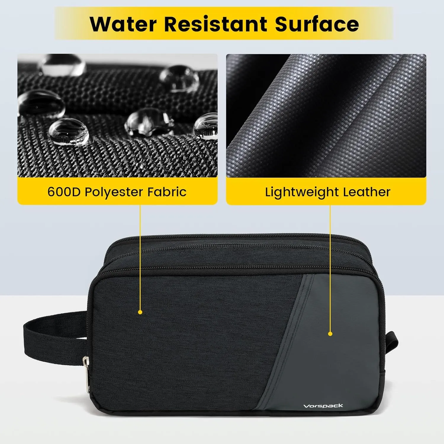 Vorspack Travel Toiletry Bag - Toiletry Bag for Men Water Resistant Skincare Bag Dopp Kit for Bathroom Toiletries Accessories Gifts - Black
