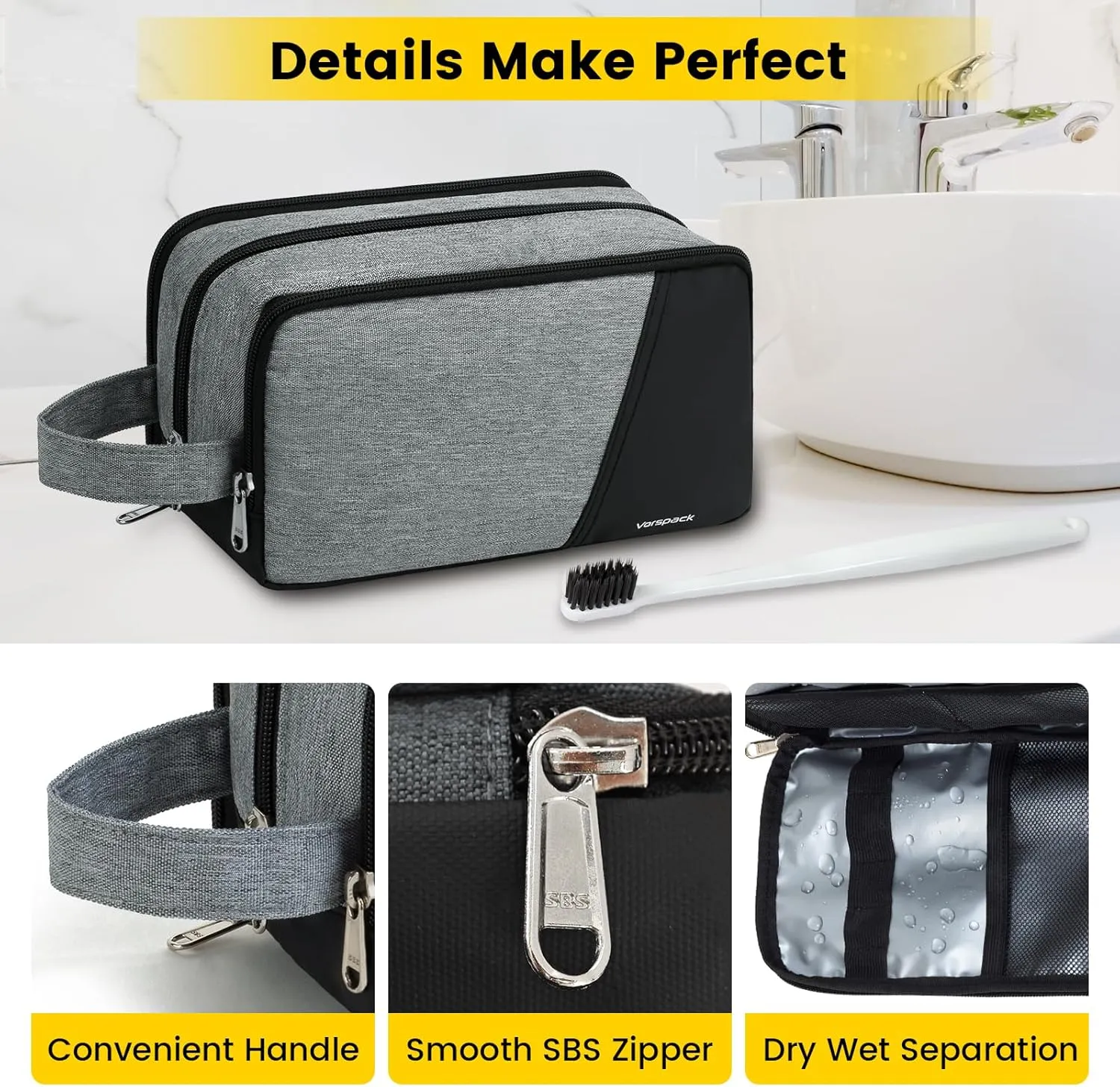 Vorspack Travel Toiletry Bag - Toiletry Bag for Men Water Resistant Skincare Bag Dopp Kit for Bathroom Toiletries Accessories Gifts - Grey