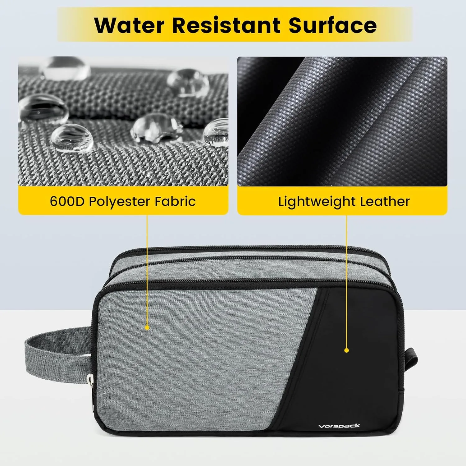 Vorspack Travel Toiletry Bag - Toiletry Bag for Men Water Resistant Skincare Bag Dopp Kit for Bathroom Toiletries Accessories Gifts - Grey