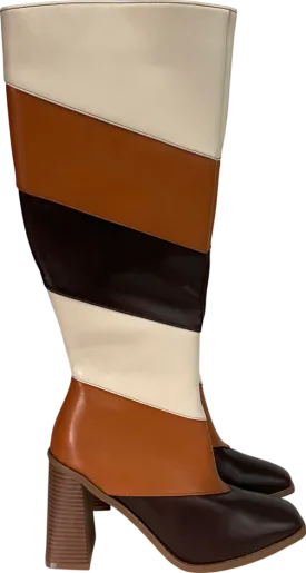 Warehouse Beige Knee-high Boots Feature A Geometric Patchwork Design In White And Brown Leather And Have A Flared Block Heel UK 6 EU 39 👠